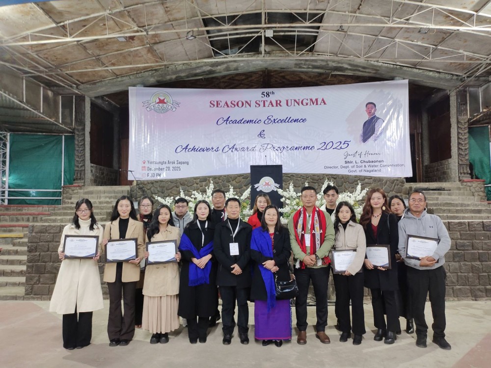 Awardees of the 58th Season Star (SSR) Ungma Academic Excellence & Achievers Award Programme 2025 pose for a group photograph with Guest of Honour L. Chubaonen, along with SSR Ungma officials and other dignitaries at Yimtsungta Arok Sapang, Ungma, on December 20.