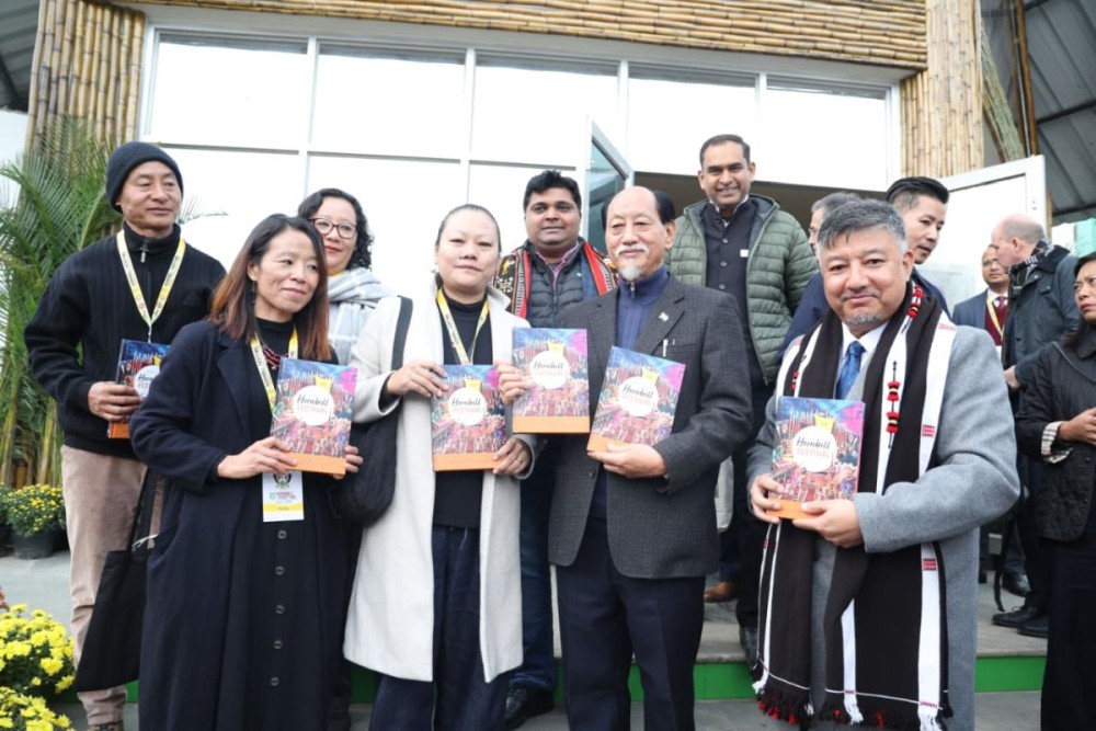 L-R: Editors, Vishü Rita Krocha, General Secretary KPC, Alice Yhoshü, President KPC, Chief Minister, Neiphiu Rio & Advisor to CM & Chairman IDAN, Abu Metha during the formal release of “Journey of Hornbill Festival: Through the lens of Kohima Press Club” at Kisama on December 2.