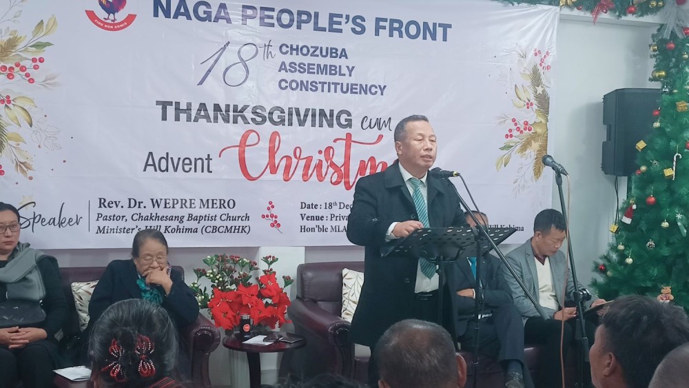 Kudecho Khamo addressing thanksgiving cum Advent Christmas of NPF 18th Chozuba Assembly Constituency in Kohima on December 18. (Morung Photo)