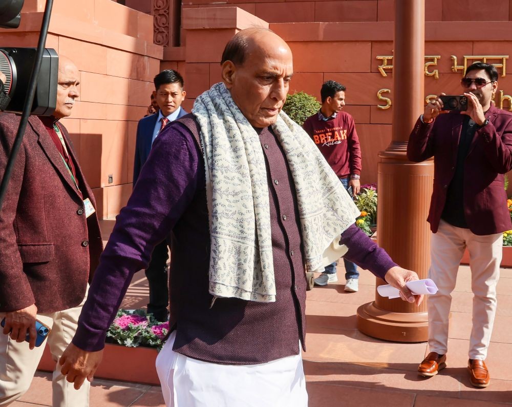 Defence Minister Rajnath Singh at the Parliament House premises during the Winter Session of Parliament in New Delhi on Tuesday, December 16, 2025. (Photo: IANS/Prem Nath Pandey)