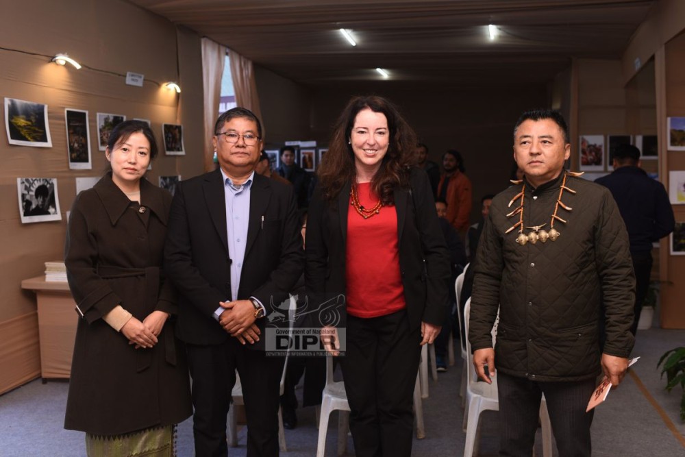 Ambassador of Switzerland, H.E. Maya Tissafi along with Commissioner & Secretary of Information and Public Relations and Co-operation Orenthung Lotha, Director, IPR Dzüvinou Theünuo and proprietor Portrait Studio M Ababe Ezing at the official launch programme of HIPFEST 2025 at Naga Heritage Village, Kisama, Kohima on December 2. (DIPR Photo)