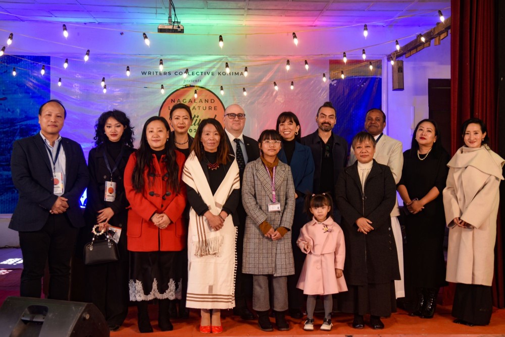 Members of Writers Collective seen with High Commissioner of the Republic of Malta to India, Reuben Gauci & his delegation, Merenla Imsong, Actor, writer & content creator, and participants in the inaugural programme of the two-day Nagaland Literature Festival 2025 at Don Bosco Higher Secondary School Kohima on December 12. (Photo by Jabu Krocha)