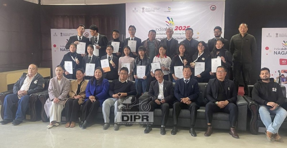 Joint Secretary, Labour & ESDE, Phuleshe K Yepthomi with officials and winners of the India Skills Nagaland Competition 2025 which concluded on December 10. (DIPR Photo)
