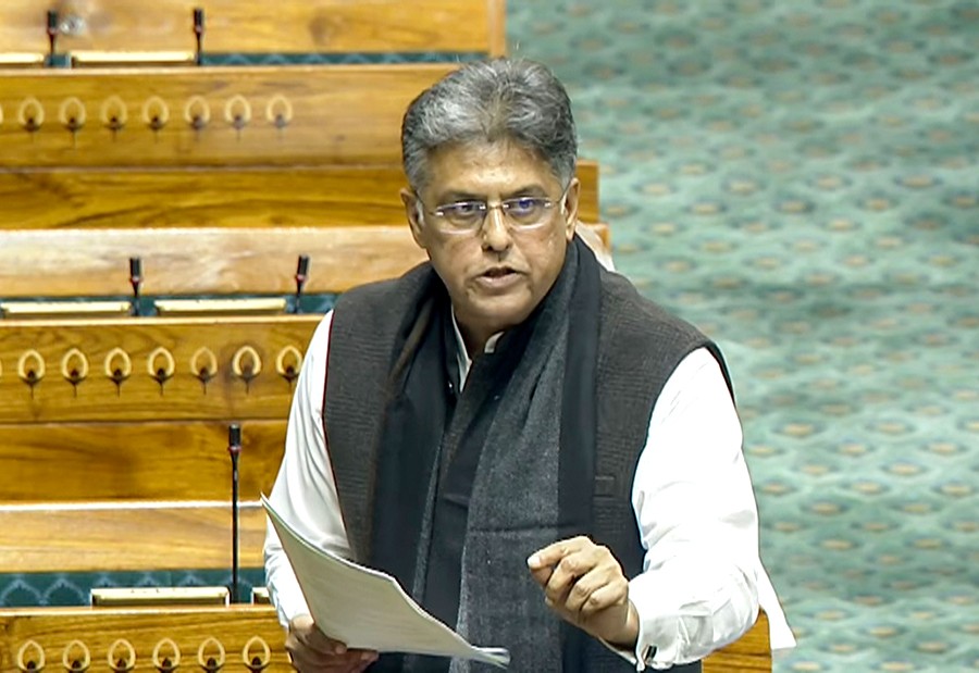 Congress MP Manish Tewari speaks in the Lok Sabha during the Winter Session of Parliament in New Delhi on Monday, December 15, 2025. (Photo: IANS/Video Grab/Sansad TV)