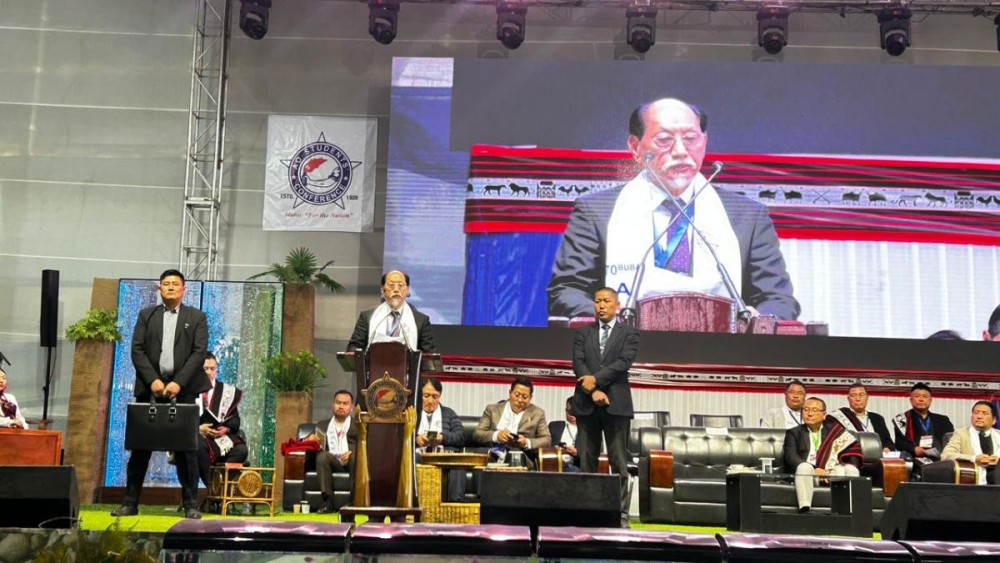 Nagaland Chief Minister Dr Neiphiu Rio addressing the second session of the Ao Kaketshir Mungdang (AKM) at Chungtia village on January 14. (Morung Photo)