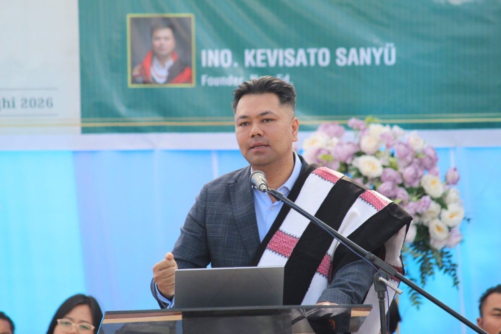 Kevisato Sanyü addresses the gathering during the 42nd AASU biennial conference held at Pimla village, Chümoukedima on January 11. (Morung Photo)