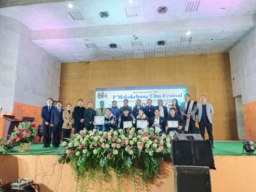 Winners and dignitaries pose for a group photograph during the Mokokchung Film Festival at Mokokchung Town Hall on January 24.
