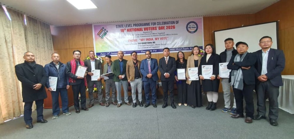 Awardees with Abhijit Sinha and others during state level celebration of 16th National Voters’ Day 2026 in Kohima on January 25. (Morung Photo)