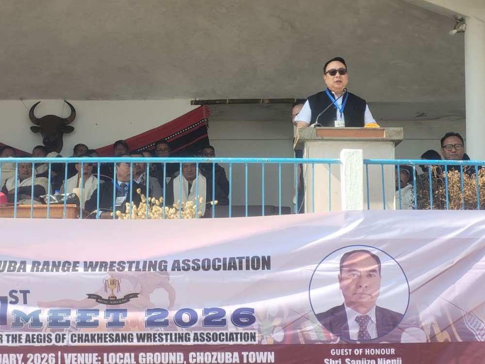 Azo addressing 31st Chozuba Range Wrestling Meet 2026 at Chozuba town on January 21. (Morung Photo)