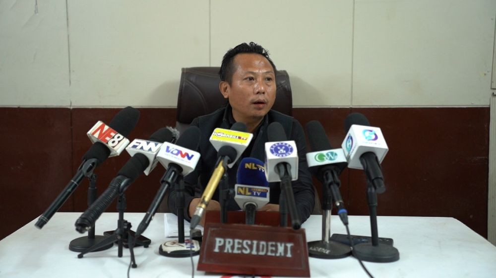 DDADU President Tito Yepthomi addressing the media at the union office in Super Market, Dimapur on January 28.