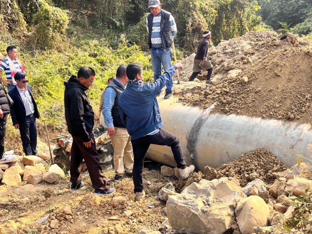 A spot inspection by Lotha Hoho at the Nagaland Foothill Road site in Baghty division on January 21. The inspecting body reported serious dissatisfaction with both the speed and standard of construction. (Morung Photo)