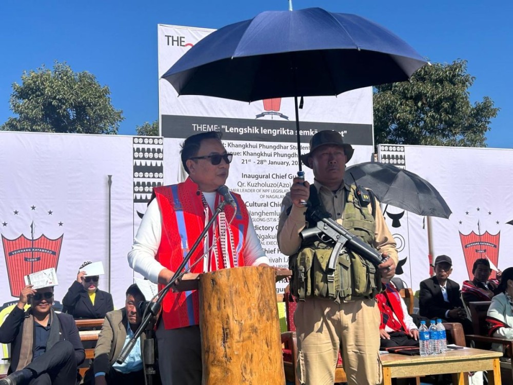 MLA Kuzholuzo (Azo) Nienu addresses the gathering during the 21st Veikhang Katamnao Long General Conference-cum-Sports, Cultural & Literary Meet 2026 held at Ukhrul on January 22.