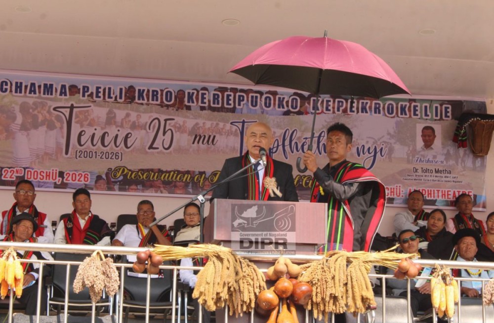 Helie Rüpreo addresses the gathering during the Silver Jubilee celebration of Chiechama Peli Kro Kerepouko Kepekrokelie held at the amphitheatre in Chiechama village under Kohima district on January 21. (DIPR Photo)