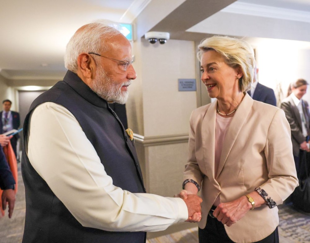 Prime Minister Narendra Modi meets President of the European Commission Ursula von der Leyen on the sidelines of the 51st G7 Summit at Kananaskis, in Canada on June 17, 2025. (IANS/PMO File Photo)