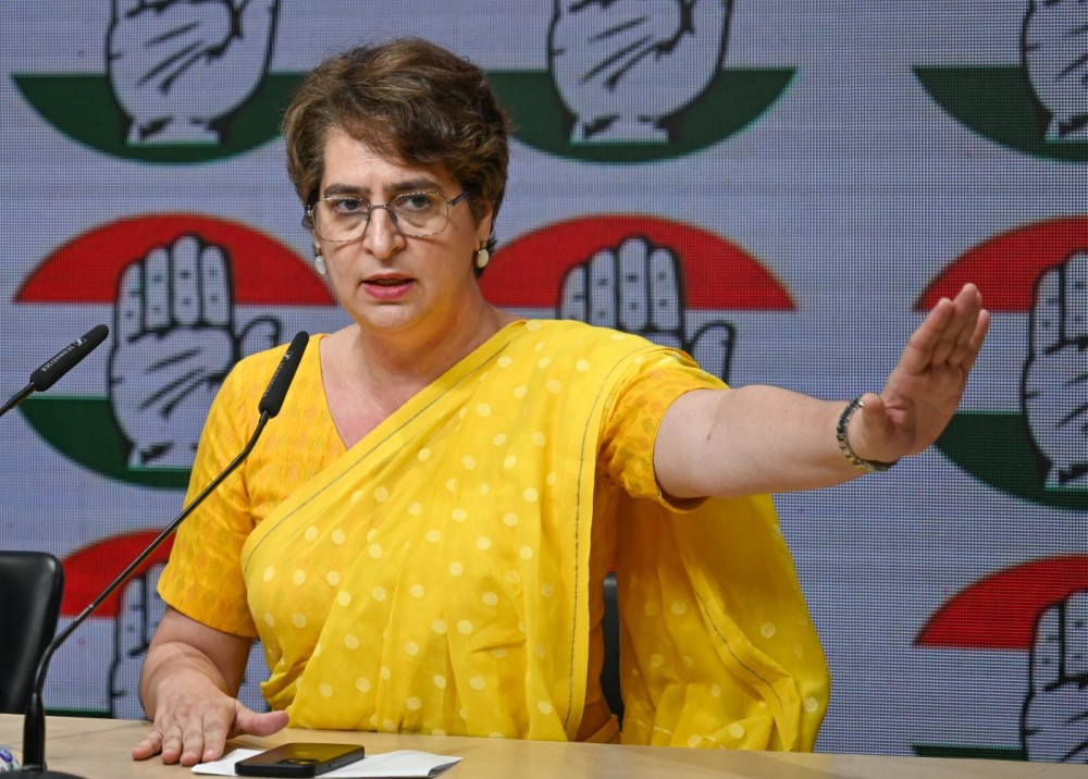 New Delhi: Congress General Secretary Priyanka Gandhi Vadra addresses a press conference at the AICC headquarters in New Delhi on Saturday, April 18, 2026. (Photo: IANS/Deepak Kumar)