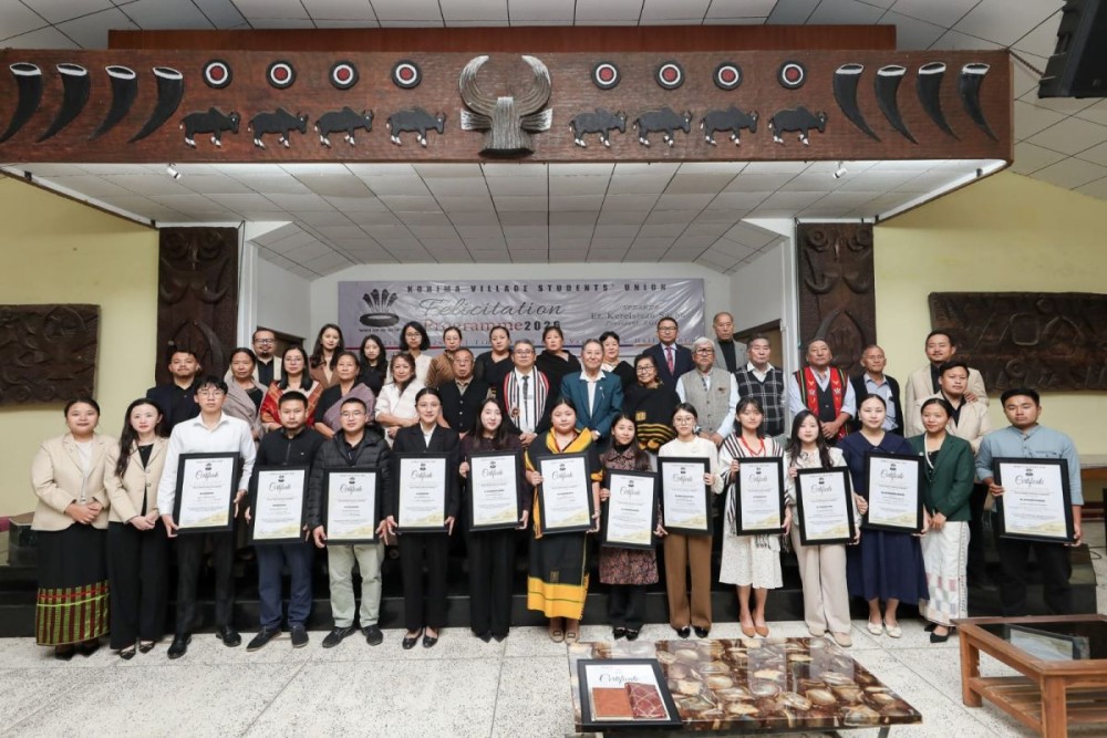 Achievers with dignitaries during the felicitation programme held at the Kohima Village Council Hall, Kohima on May 12.