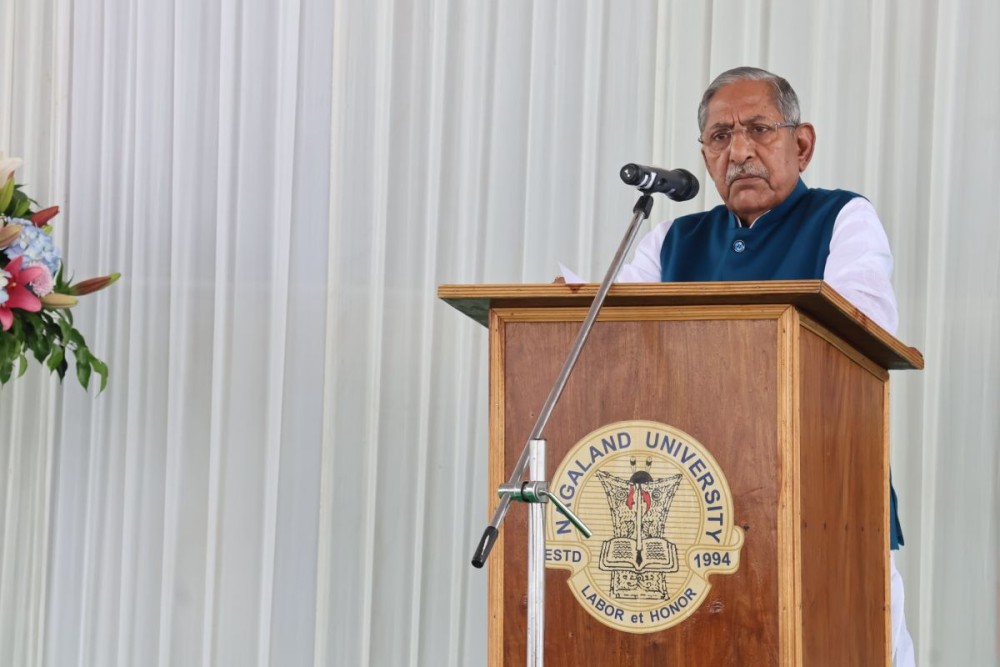 Nagaland Governor Nand Kishore Yadav speaking at Nagaland University Merima on May 22.