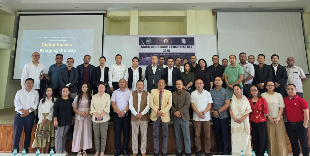 Tongpang L Jamir, State Commissioner for PwDs (7th from L) Kevekha Kevin Zehol, Chairman NSSB, (8th from L) Er Sabou Yashu, Director of IT&C (7th from R) seen with others officials and participants during the observance of GAAD at IT&C Conference Hall in Kohima on May 21.
