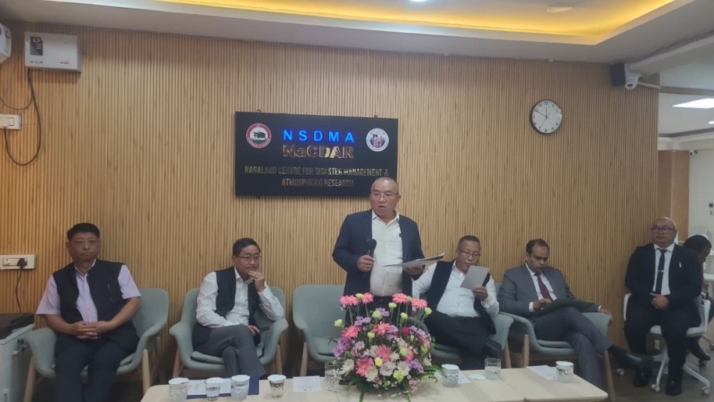 NSDMA & NRE Advisor Z Nyusietho Nyuthe addressing the official launch of ELIONA in Kohima on May 21. (Morung Photo)