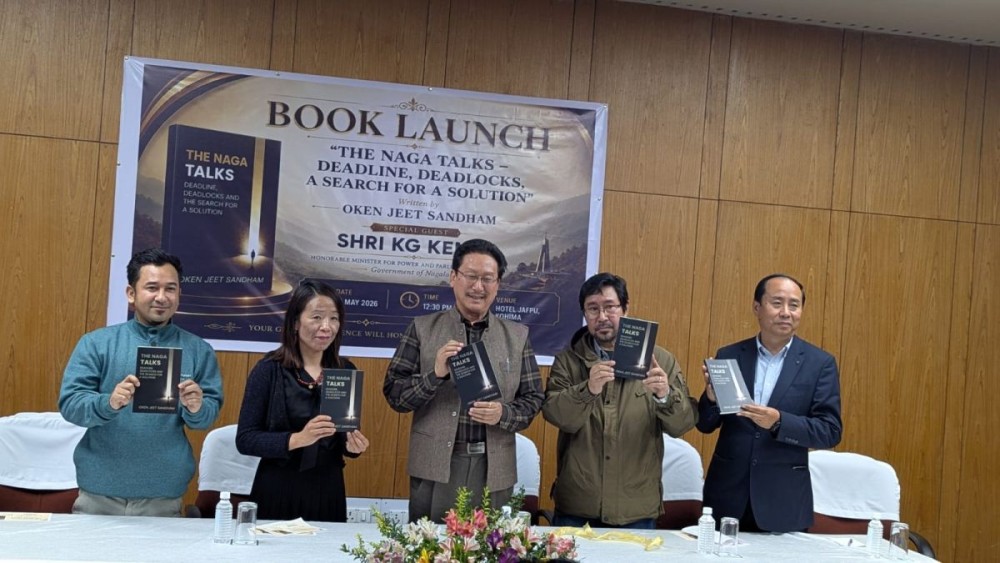 L-R: Menuseo Khieya, Vishü Rita Krocha, President, Kohima Press Club, Dr Neisatuo Mero, Minister for Power & Parliamentary Affairs, KG Kenye, Author, Senior Journalist & Editor, North East Press Service (NEPS) News , Oken Jeet Sandham, and Dr. Neisatuo Mero, MLA during the book launch at Hotel Japfü Kohima on May 15.