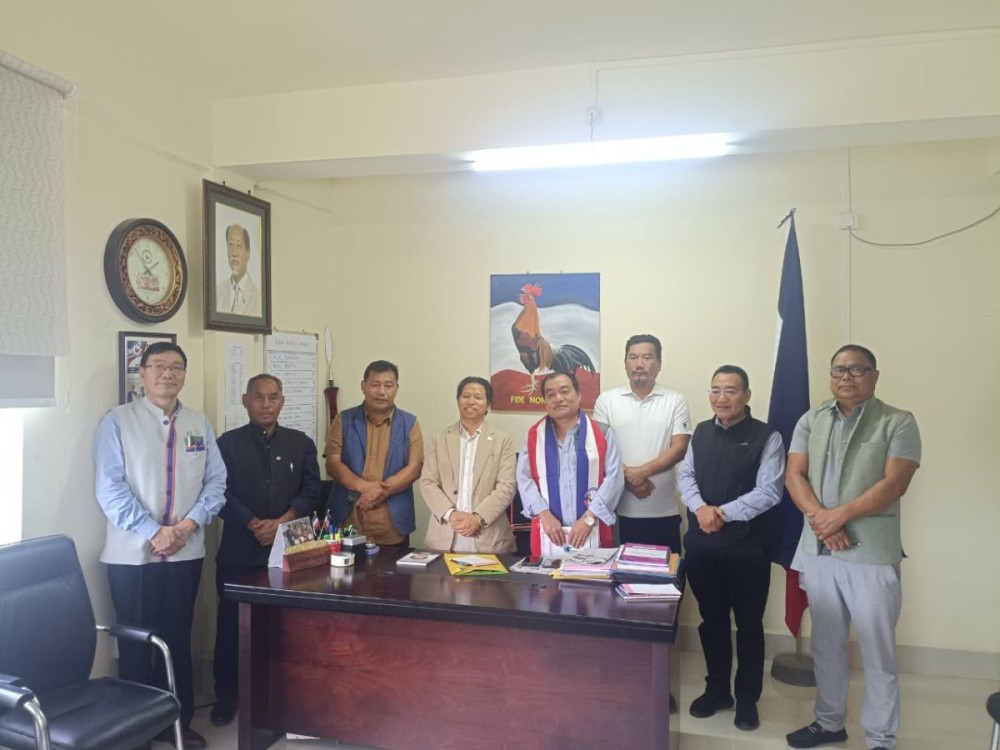 (4th and 5th from left) MLA and General Secretary NPF Achumbemo Kikon, Vipopal Kintso, along with other officials during a reception programme held at the party’s Central Office in Kohima on May 29.