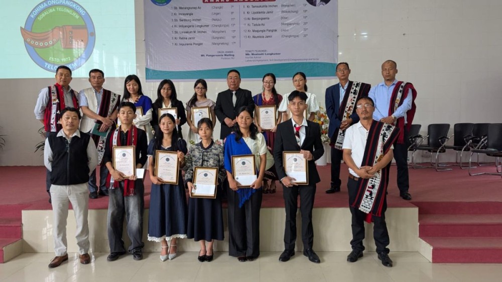 Moatoshi Longkumer along with other officials and students during the N I Jamir Academic Excellence Award for HSLC toppers held at Molu Ki in Kohima on May 23.