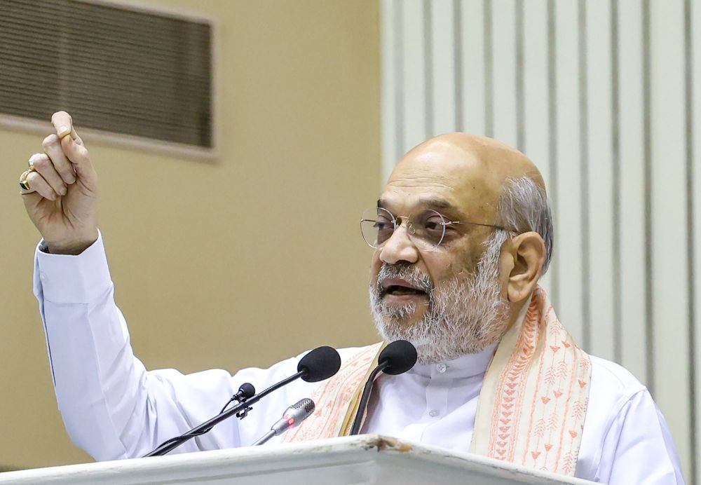 Union Home Minister Amit Shah addresses during the BSF Investiture Ceremony 2026 at Vigyan Bhavan, in New Delhi on May 22, 2026. (IANS Photo)