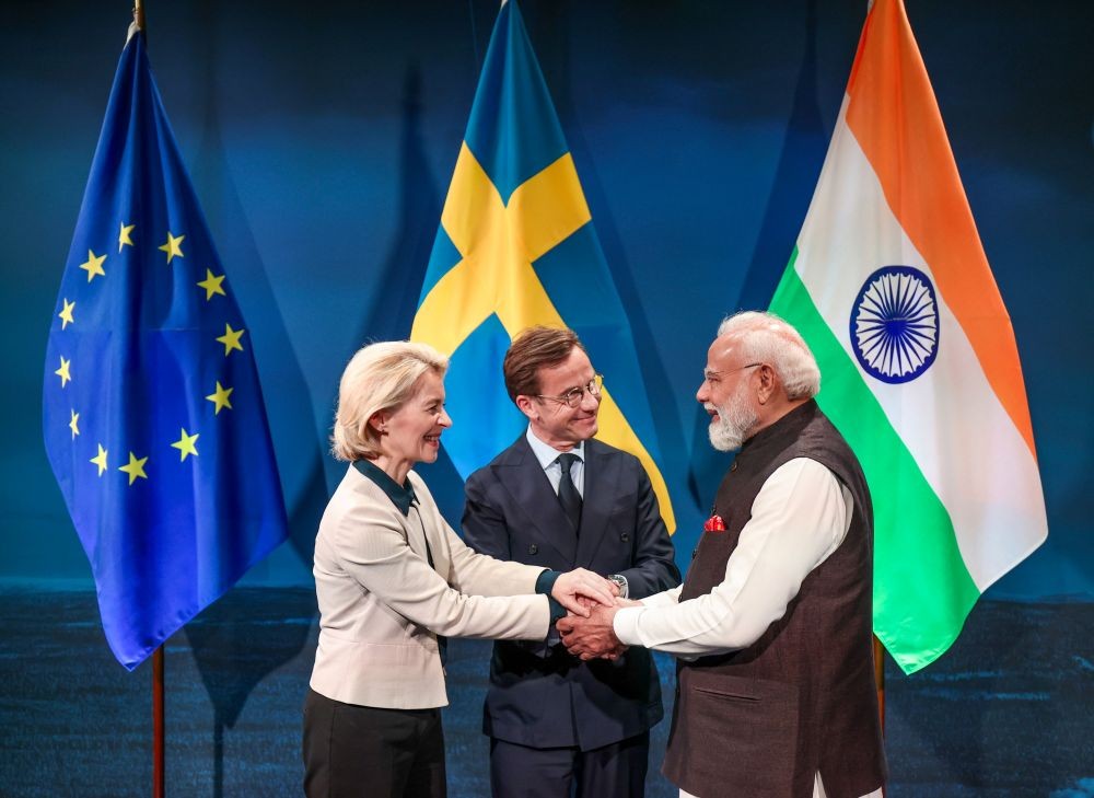 Prime Minister Narendra Modi during a meeting with Sweden Prime Minister Ulf Kristersson and European Commission President Ursula von der Leyen in Gothenburg, Sweden, on May 17. (IANS/PMO Photo)