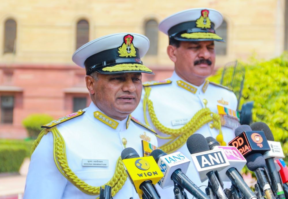 Newly appointed Chief of the Naval Staff Admiral Krishna Swaminathan speaks to the media as Outgoing Chief of the Naval Staff Admiral Dinesh Kumar Tripathi looks on at South Block in New Delhi on May 31, 2026. (IANS Photo)