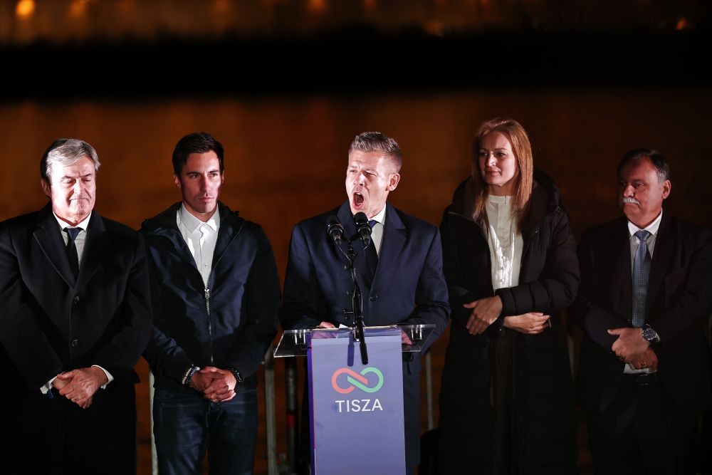 Peter Magyar (C), leader of Hungary's Tisza Party, speaks at a victory rally in Budapest, Hungary, April 12, 2026. Hungary's opposition party Tisza, led by Peter Magyar, defeated Prime Minister Viktor Orban's ruling coalition by securing a majority in Sunday's parliamentary elections, according to preliminary results released by the National Election Office (NEO). (Xinhua via IANS Photo)