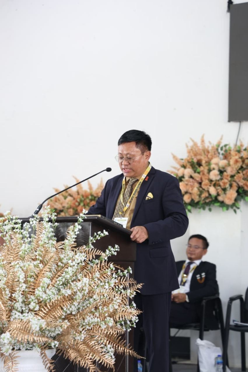 Y Kikheto Sema addresses the gathering during the SBTA Golden Jubilee programme held at Rev Dr Kavito Zhimo Hall, TTC, Dimapur on May 17. (Photo Courtesy: SBTA Media Team)