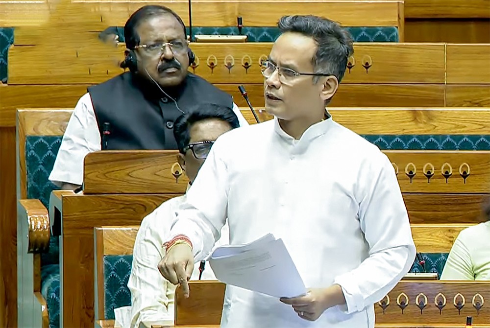 Indian National Congress MP Gaurav Gogoi speaks in the Lok Sabha during the special sitting of the Budget Session 2026, participating in a debate on the Women’s Reservation Bill, in New Delhi on Thursday, April 16, 2026. (IANS File Photo)
