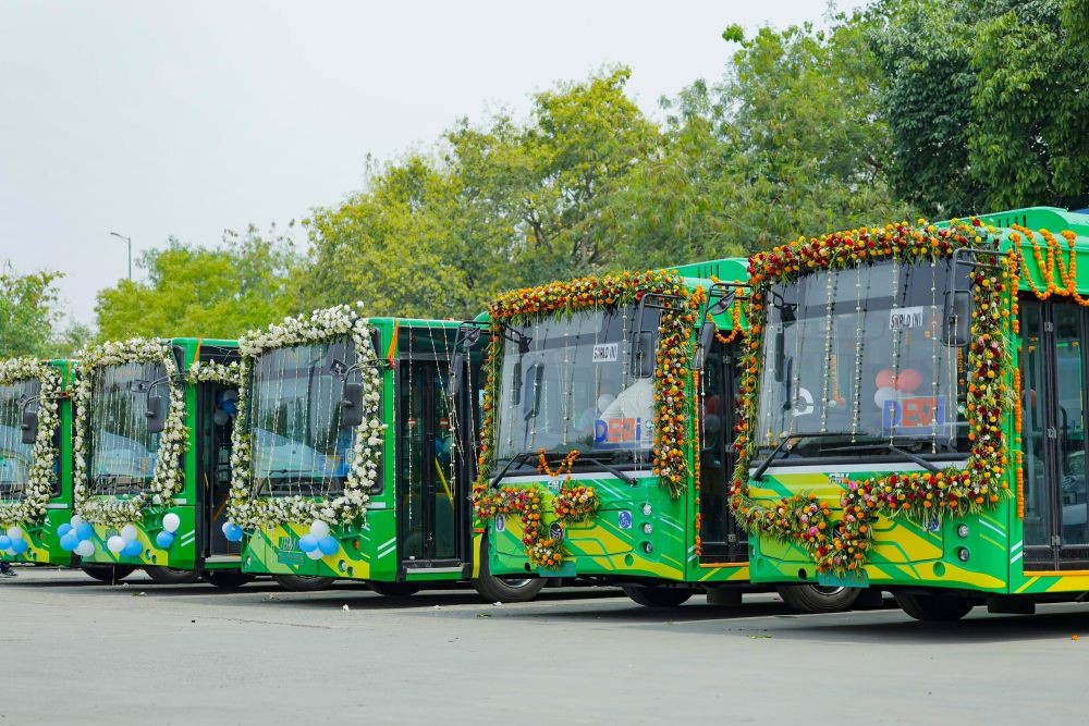 Buses stand parked during a ceremony to flag off 200 new electric buses, launch a new inter-state e-bus service between Delhi and Rohtak, inaugurate a new bus terminal in Madanpur Khadar, and open a new administrative building at the DTC East Vinod Nagar Depot in New Delhi on April 17, 2026. (IANS/X File Photo)