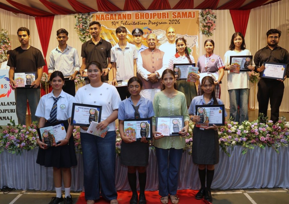 Nagaland Governor Nand Kishore Yadav with meritorious students during a felicitation programme organised by the Nagaland Bhojpuri Samaj in Dimapur on May 24. (Morung Photo)