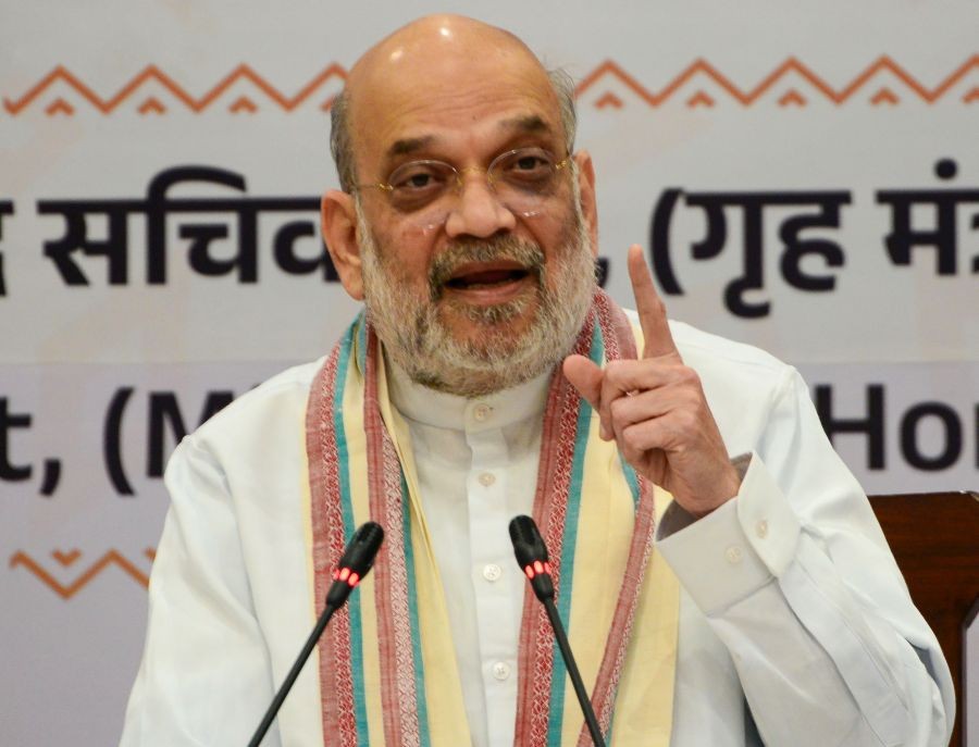 Union Home Minister Amit Shah addresses the media during a press conference in Jagdalpur, Bastar district, Chhattisgarh on May 19, 2026. (IANS Photo)