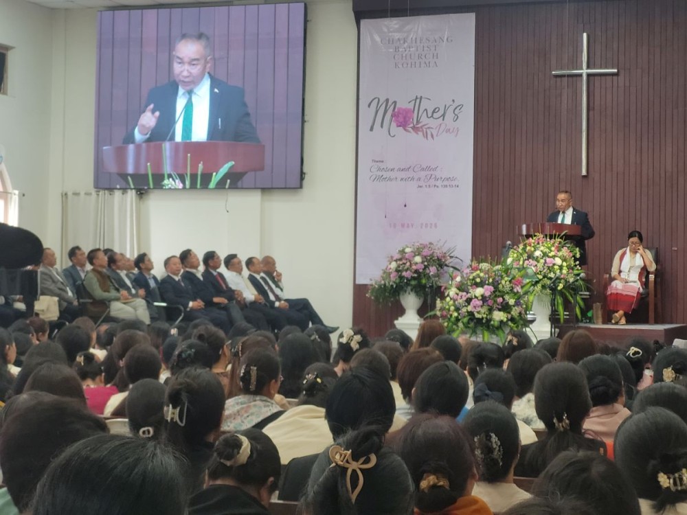 Rev Vezopa Rhakho addressing the congregation during Mother’s Day celebration on May 10 at CBCK. (Morung Photo)