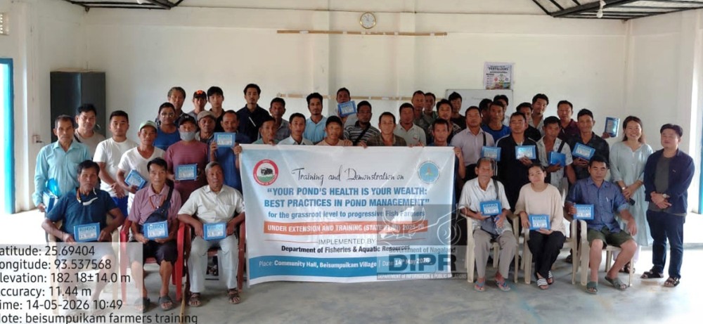 Officials along with the fish farmers during the Pond Management training held at Beisumpuikam village in Peren district on May 14. (DIPR Photo)