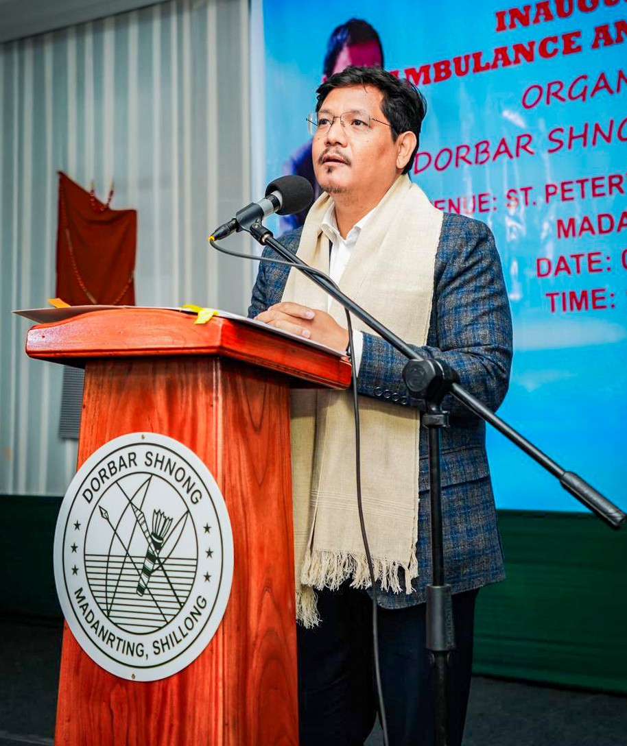 Meghalaya Chief Minister Conrad K. Sangma speaks during the inauguration of ambulances and mortuary vans in East Khasi Hills, Shillong, on May 02, 2026. (IANS/X/@SangmaConrad File Photo)