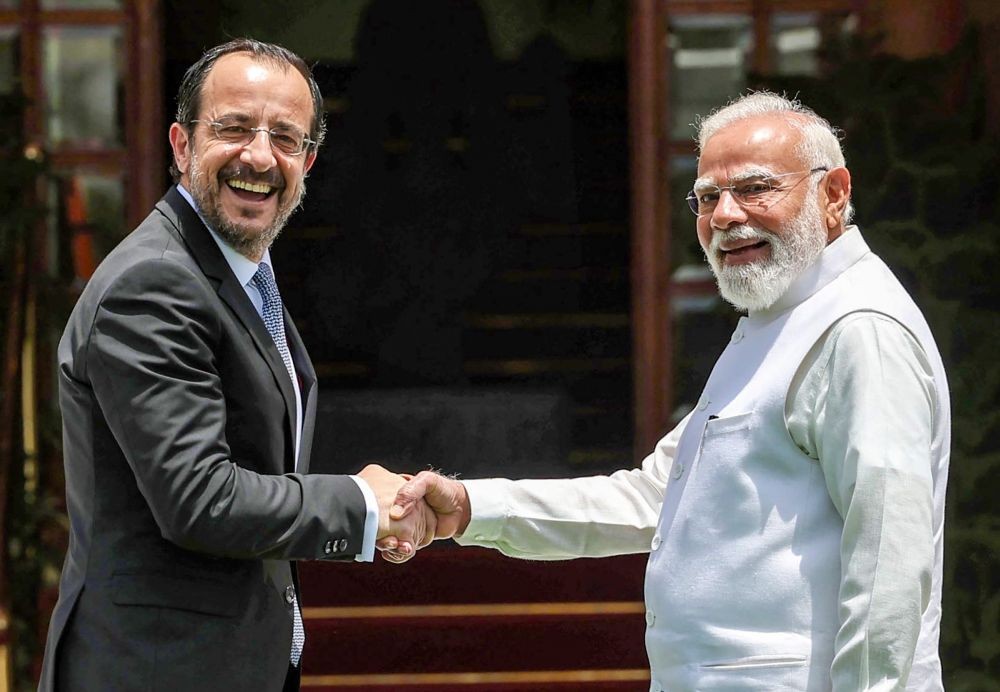 Prime Minister Narendra Modi and Cyprus President Nikos Christodoulides take a selfie at Hyderabad House, in New Delhi on May 22. (IANS/PMO Photo)