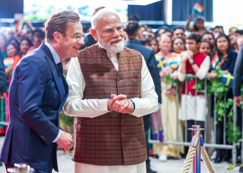 Prime Minister Narendra Modi and Sweden Prime Minister Ulf Kristersson watch artists perform during a welcome ceremony upon PM Modi's arrival in Gothenburg, Sweden, on May 17. (IANS/PMO Photo)