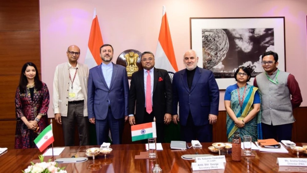 Secretary (West), MEA, Sibi George, Iran's Deputy Foreign Minister for Legal and International Affairs Kazem Gharibabadi (X/@MEAIndia/IANS Photo)