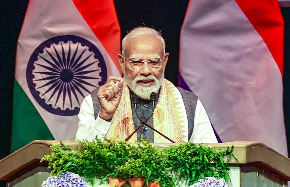 Prime Minister Narendra Modi interacts with members of the Indian community during a programme in The Hague, Netherlands, on May 16. (IANS/PMO Photo)