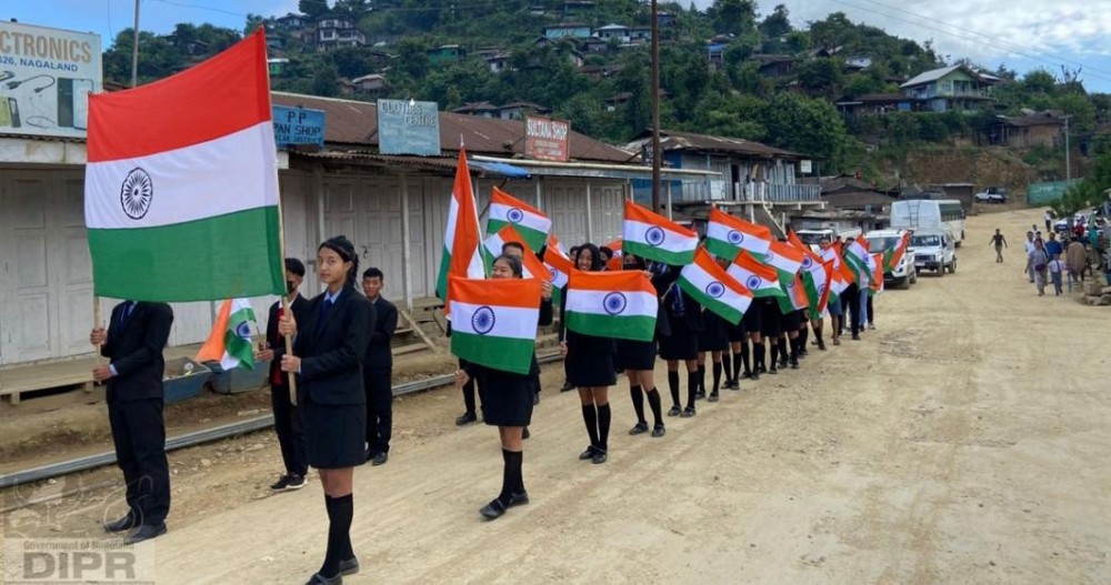 Students participate in a Prabhat Pheri (morning procession) under the Har Ghar Tiranga campaign in Noklak on August 8, 2022. (DIPR File Photo/For Representational Purposes Only)