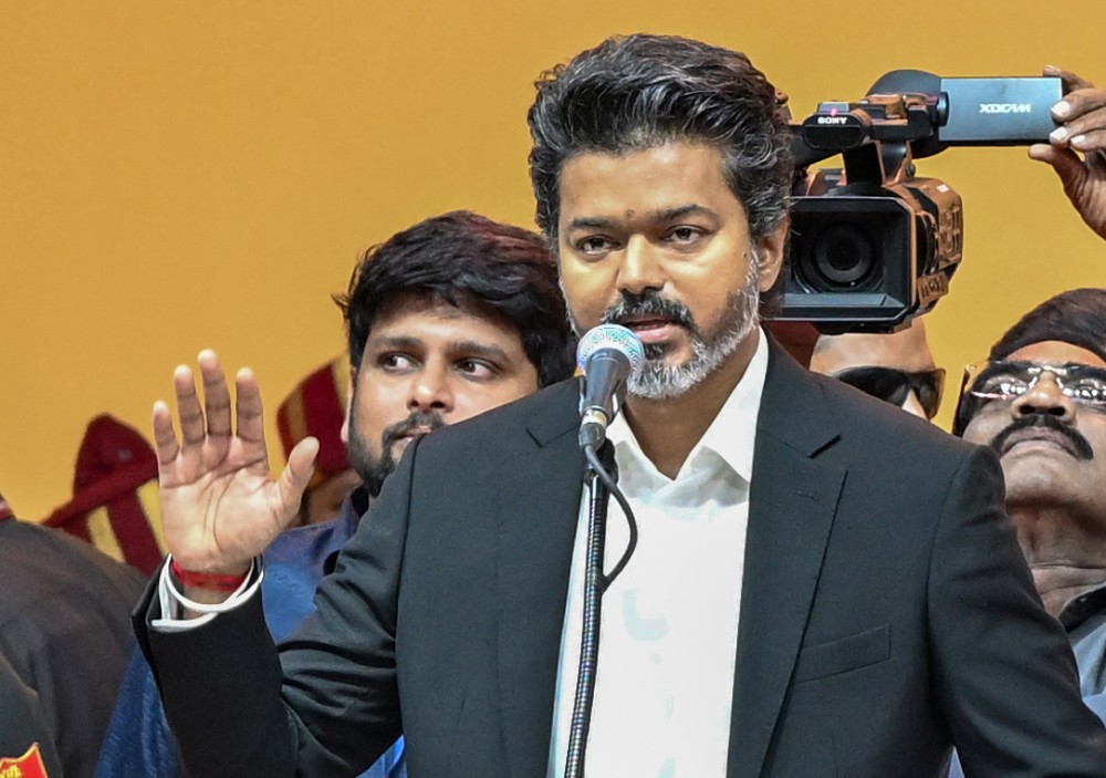 Tamil Nadu Chief Minister-designate C. Joseph Vijay speaks during his swearing-in ceremony in Chennai on Sunday, May 10, 2026. (Photo: IANS/X/@TNDIPRNEWS)
