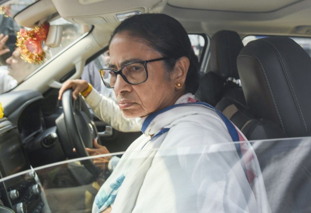 Former West Bengal Chief Minister and TMC supremo Mamata Banerjee arrives to address a protest rally against the alleged attack on party leaders near a bus stop in the Dharamtala area of Kolkata on June 2, 2026. (IANS Photo)