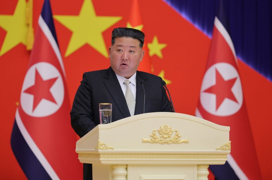 North Korean leader Kim Jong-un speaks during a banquet for Chinese President Xi Jinping at the Mokran House in Pyongyang on June 8, 2026, in this photo released by the North's official Korean Central News Agency the next day. (Yonhap via IANS Photo)
