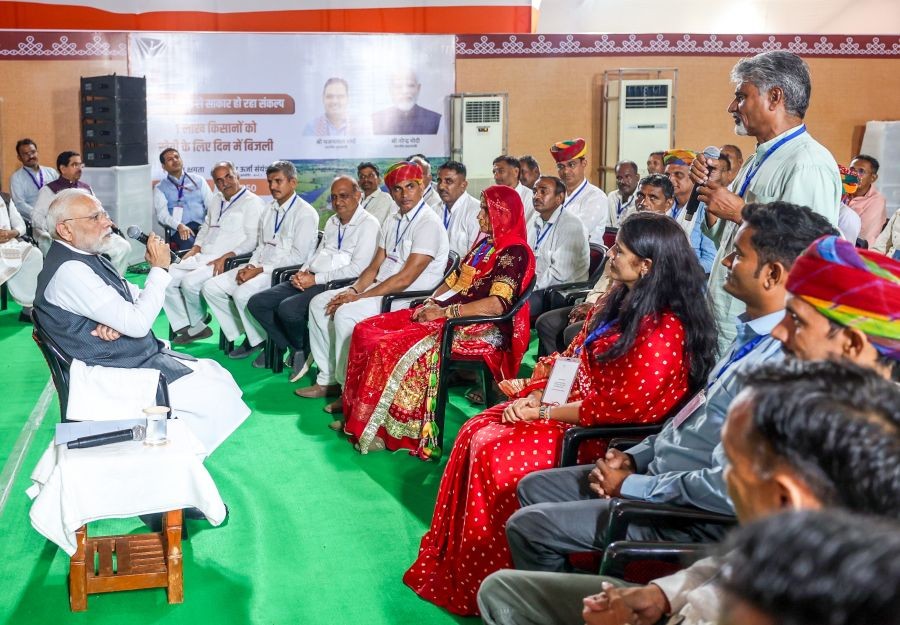 Prime Minister Narendra Modi (Not Seen) during an interaction with the beneficiaries of PM-KUSUM (Pradhan Mantri Kisan Urja Suraksha evam Utthaan Mahabhiyan) scheme, in Banswara, Rajasthan. (IANS/PMO File Photo)