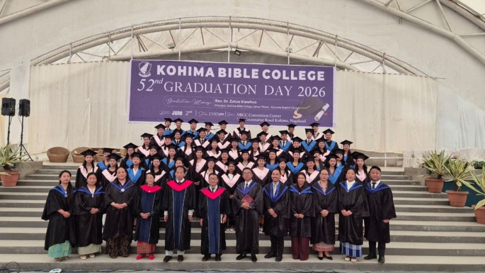 Rev Dr Zotuo Kiewhuo and  Abei-ü Neihulie and others with the graduating students of KBC on June 2. (Morung Photo)