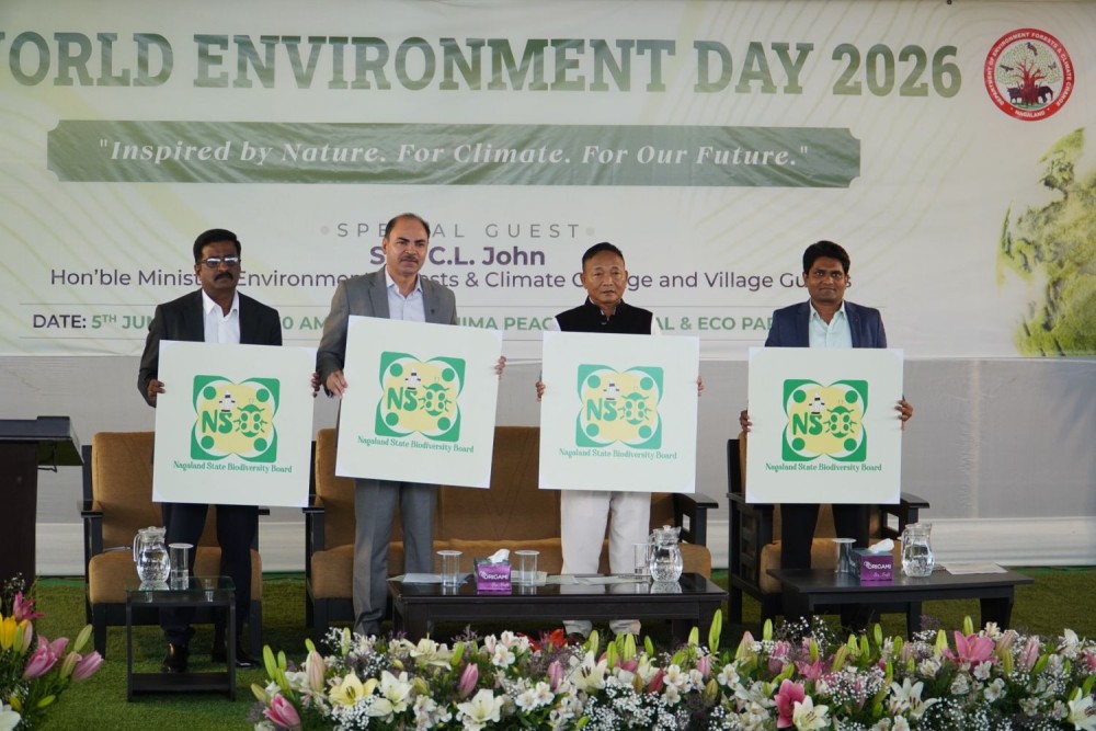 L-R: M Senthil Kumar, IFS, APCCF (E&CC); Vedpal Singh, IFS, PCCF & HoFF; CL John, Minister for Environment, Forests & Climate Change and Village Guards; and Sidramappa M Chalkapure, IFS, CCF (P&D) seen during the release of the State Biodiversity Board Logo on the occassion of World Environment Day at Kohima Peace Memorial and Eco Park.