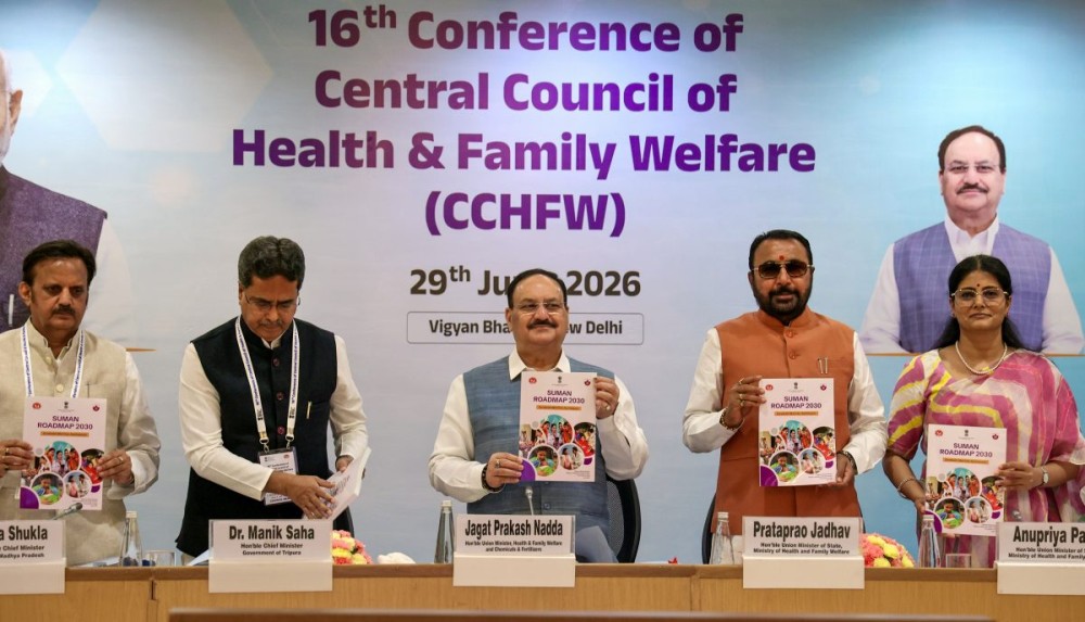 New Delhi: Union Health Minister J.P. Nadda, Minister of State for Health Prataprao Jadhav,and Tripura Chief Minister Manik Saha during the 16th Conference of the Central Council of Health and Family Welfare at Vigyan Bhawan in New Delhi on Monday, June 29, 2026. (Photo: IANS/Prem Nath Pandey)